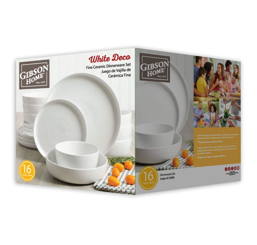 Gibson Home White Deco 16 Piece Double Bowl Dinnerware Set - White