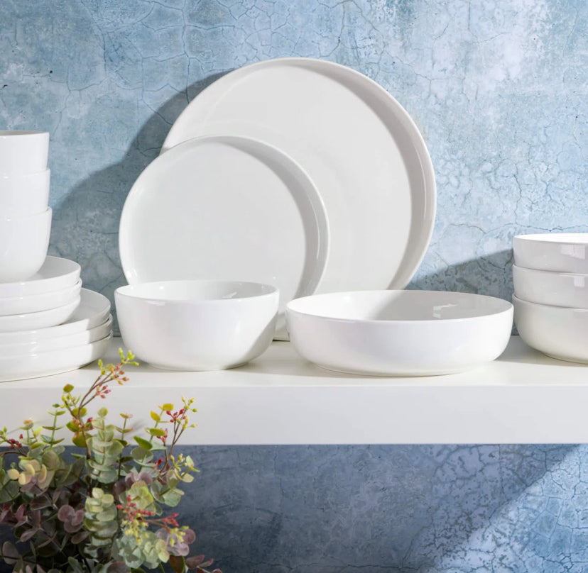 Gibson Home White Deco 16 Piece Double Bowl Dinnerware Set - White