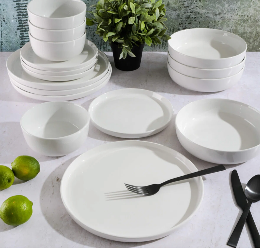 Gibson Home White Deco 16 Piece Double Bowl Dinnerware Set - White