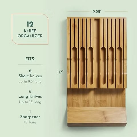 12 Slot Bamboo Knife Drawer Organizer