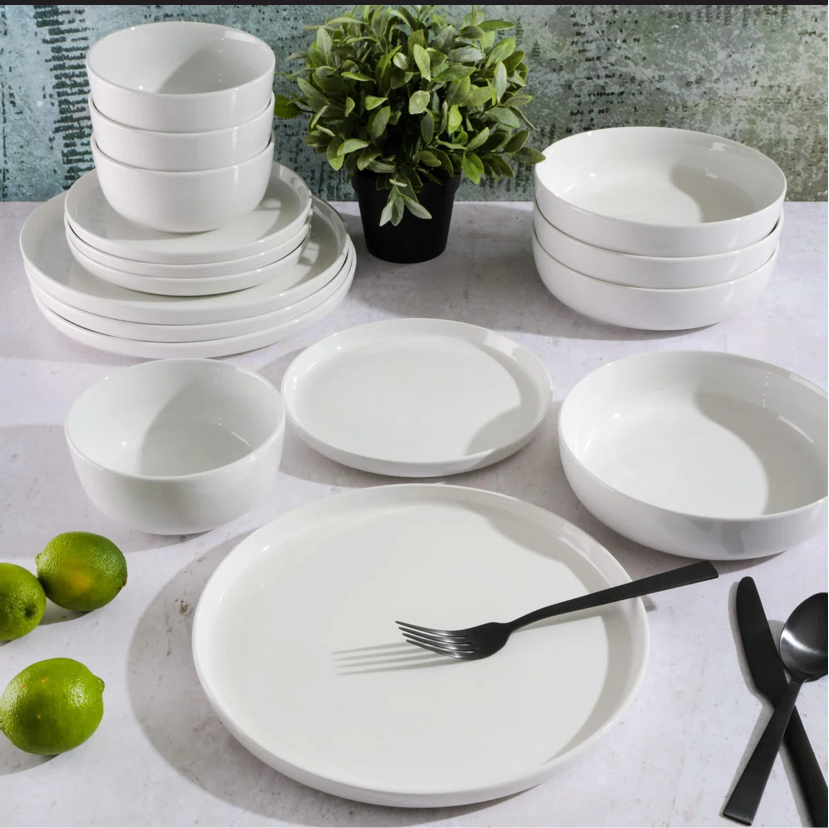 Gibson Home White Deco 16 Piece Double Bowl Dinnerware Set - White
