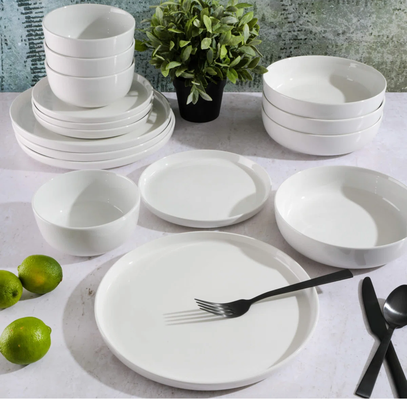 Gibson Home White Deco 16 Piece Double Bowl Dinnerware Set - White