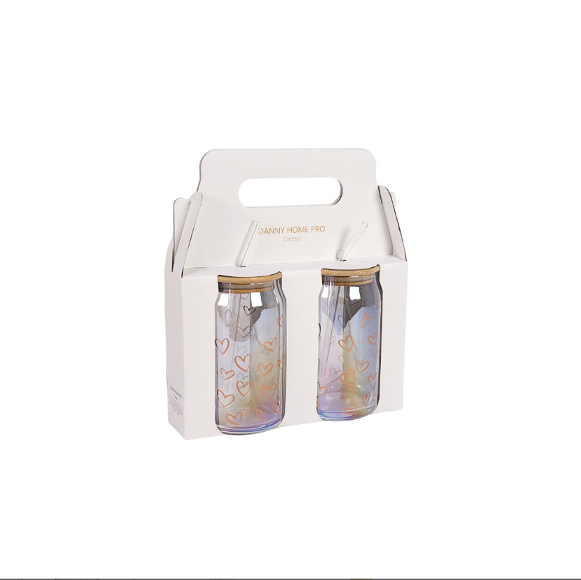 2PC Glass Cup Set with Lid and Straw
