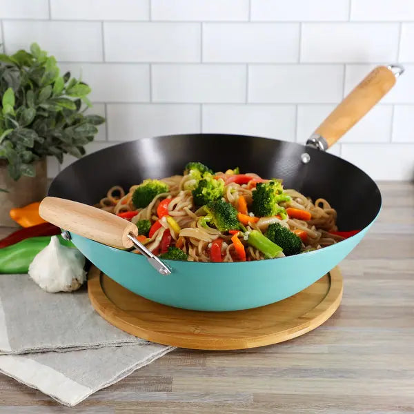 Martha Stewart Everyday Clarkston 14 Inch Nonstick Carbon Steel Wok with Wooden Handle in Teal