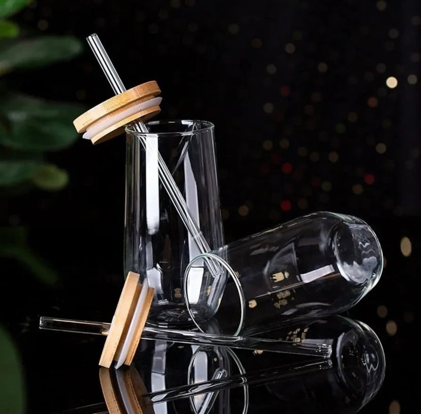 Glass Flute with Bamboo Lid and Glass Straw