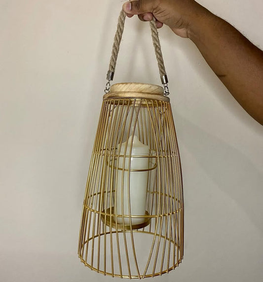 Gold Lantern with Floating Glass Candle Holder with Rope Handle