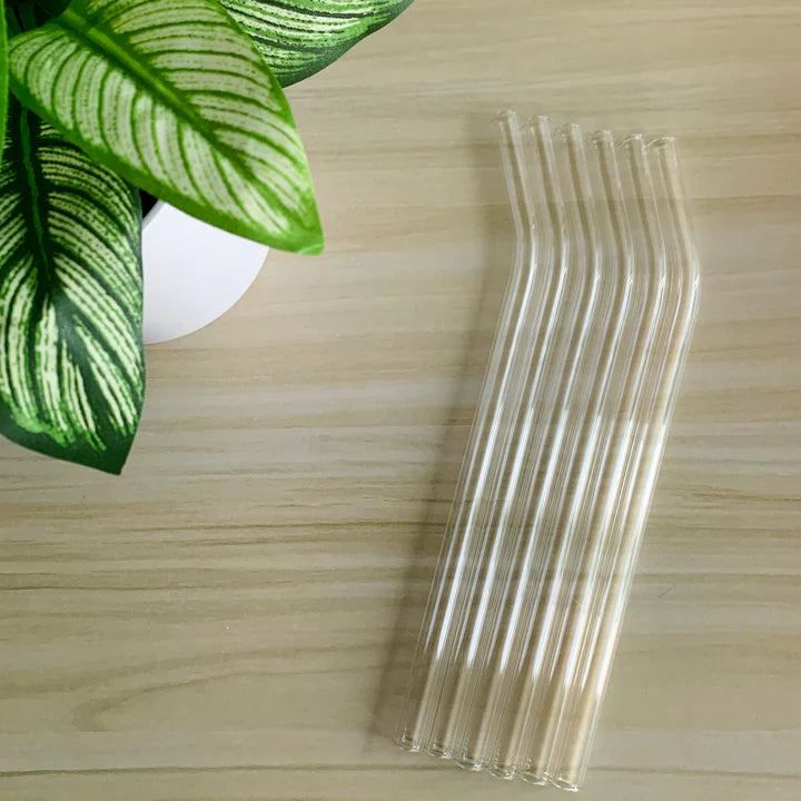 6PC Reusable Glass Straws with Cleaning Brush (curved)